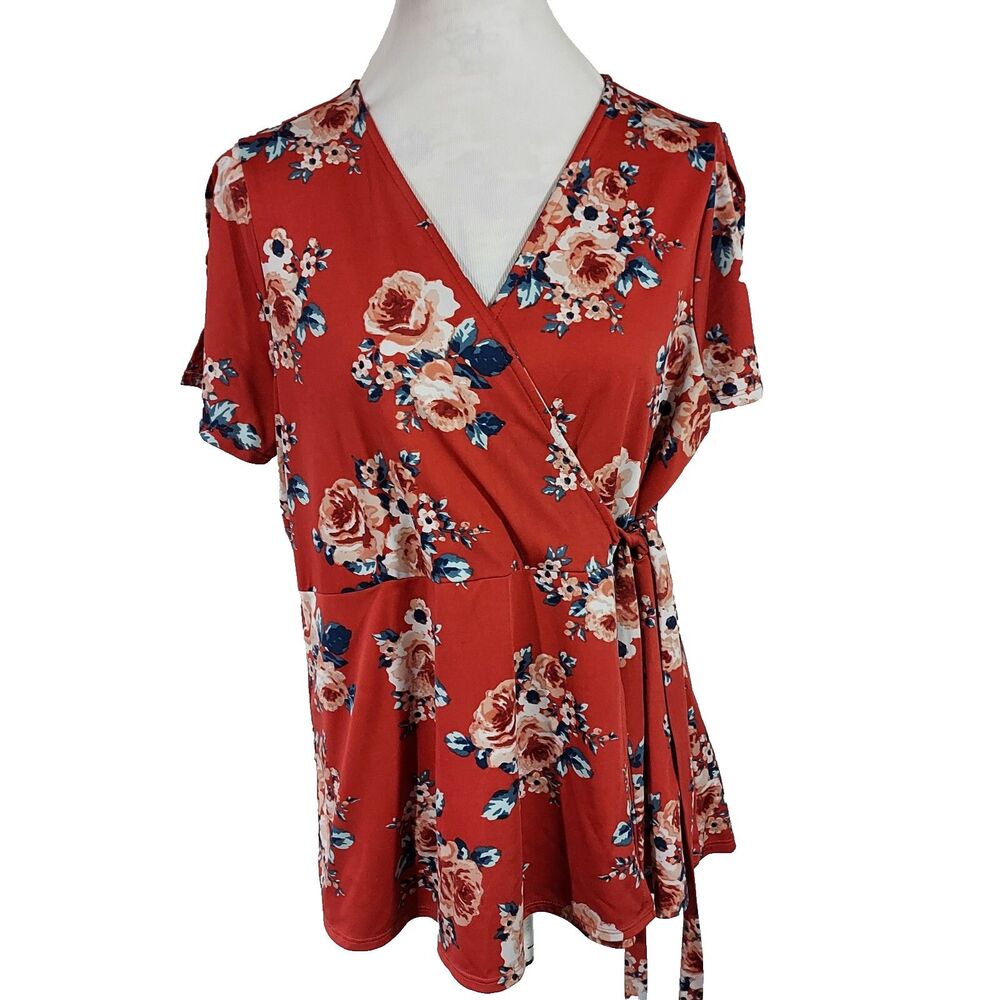 Faith and Joy Faux Wrap Shirt Top Flowy Stretch Womens Size 2X Short Slit Sleeve